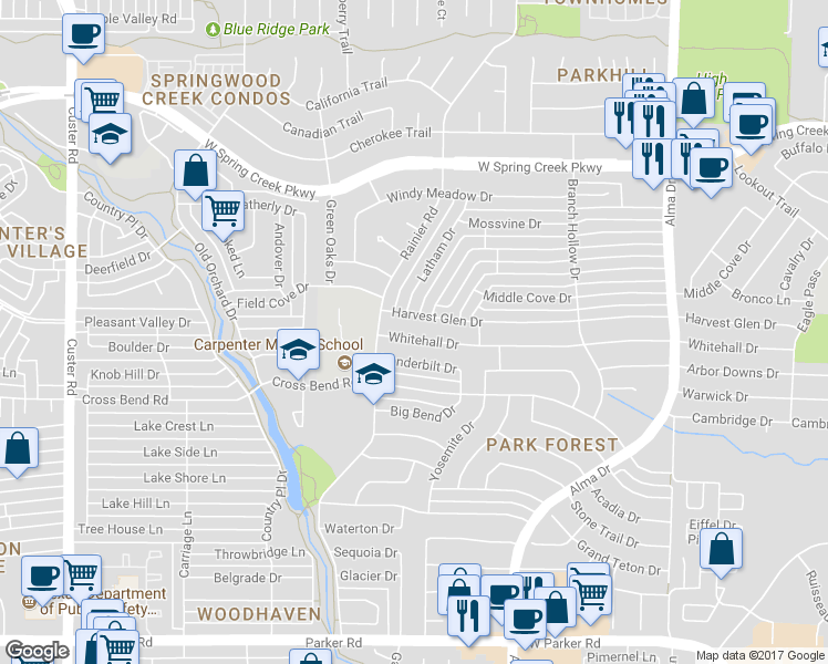map of restaurants, bars, coffee shops, grocery stores, and more near 1429 Whitehall Drive in Plano