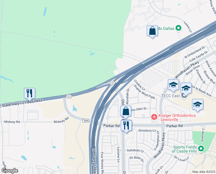 map of restaurants, bars, coffee shops, grocery stores, and more near Route 121 in Lewisville