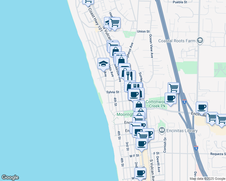 map of restaurants, bars, coffee shops, grocery stores, and more near 112 La Veta Avenue in Encinitas