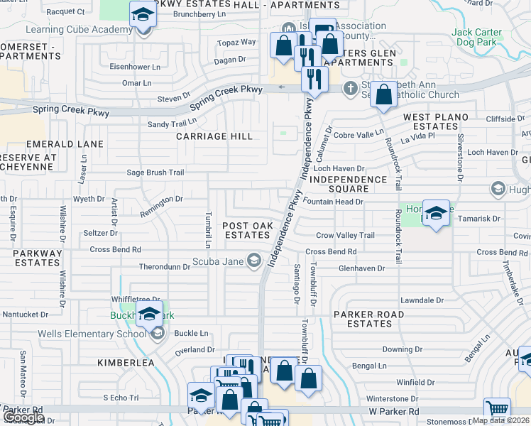 map of restaurants, bars, coffee shops, grocery stores, and more near 3105 Bullock Drive in Plano