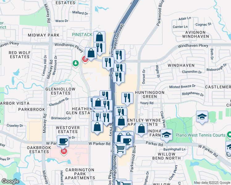 map of restaurants, bars, coffee shops, grocery stores, and more near Dallas Parkway in Plano