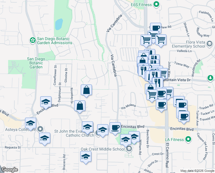 map of restaurants, bars, coffee shops, grocery stores, and more near 411 Sandalwood Court in Encinitas