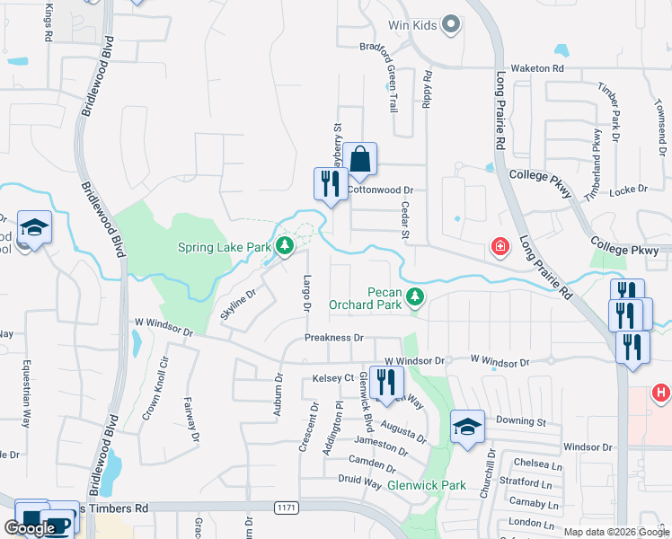 map of restaurants, bars, coffee shops, grocery stores, and more near 4804 Bayberry Street in Flower Mound