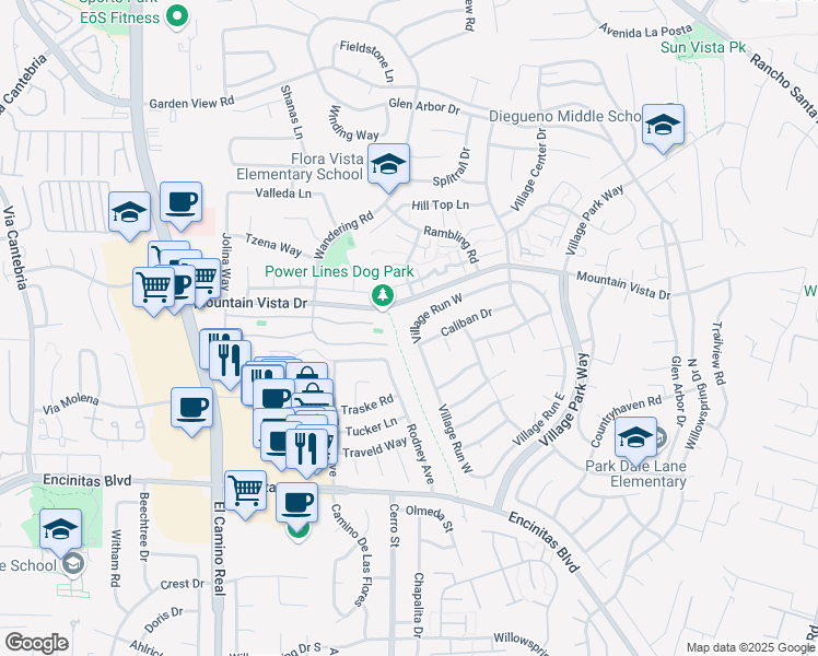 map of restaurants, bars, coffee shops, grocery stores, and more near 328 Village Run West in Encinitas