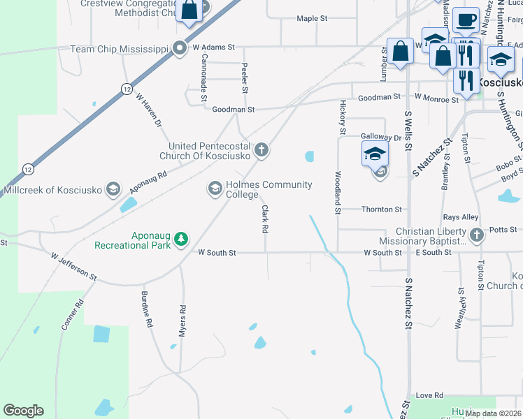 map of restaurants, bars, coffee shops, grocery stores, and more near 525 Clark Road in Kosciusko