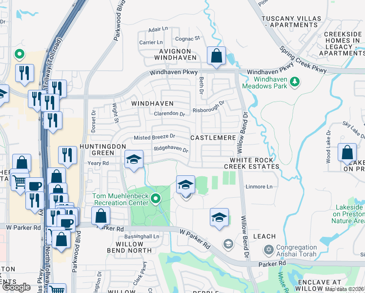 map of restaurants, bars, coffee shops, grocery stores, and more near 5705 Ridgehaven Drive in Plano