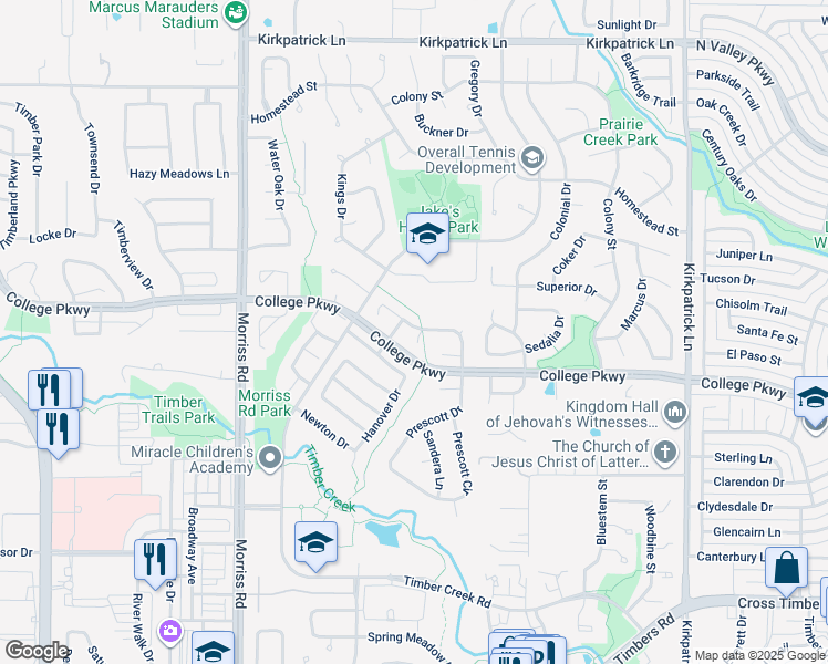 map of restaurants, bars, coffee shops, grocery stores, and more near 4821 Summit Circle in Flower Mound