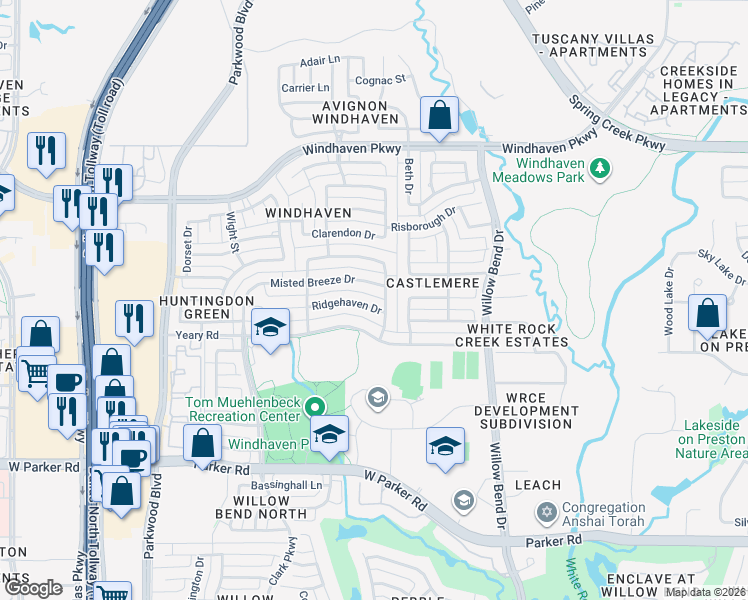map of restaurants, bars, coffee shops, grocery stores, and more near 5705 Ridgehaven Drive in Plano