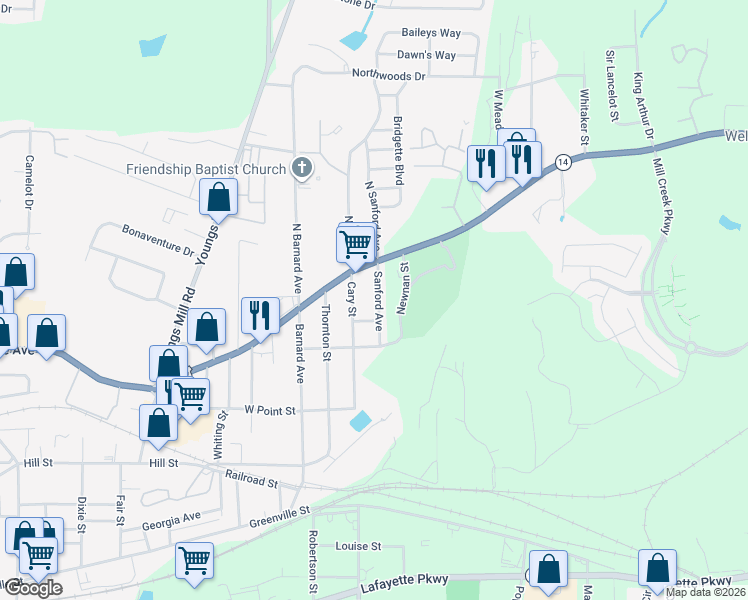 map of restaurants, bars, coffee shops, grocery stores, and more near 26 Cary Street in LaGrange