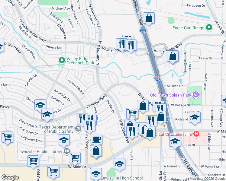 map of restaurants, bars, coffee shops, grocery stores, and more near 653 Hutchinson Lane in Lewisville