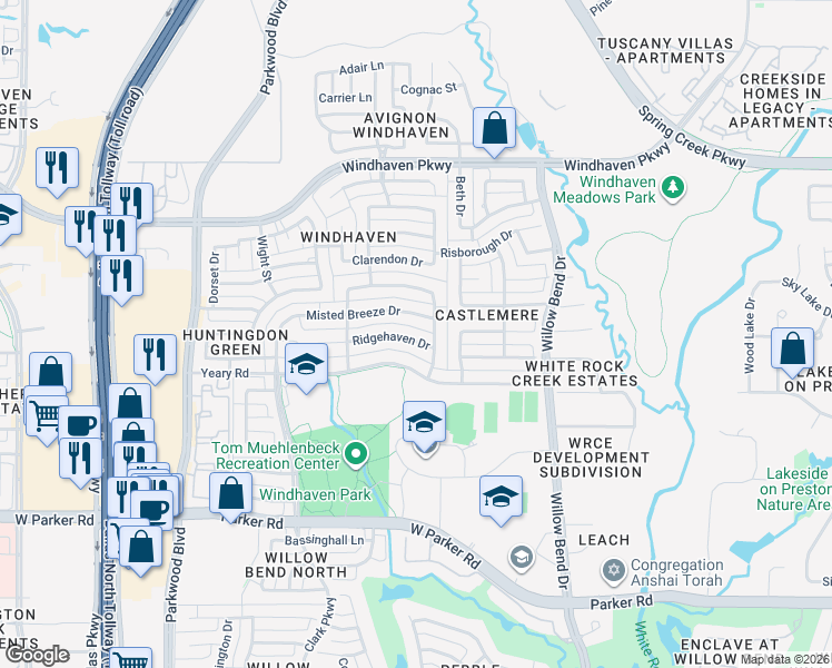 map of restaurants, bars, coffee shops, grocery stores, and more near 5705 Ridgehaven Drive in Plano
