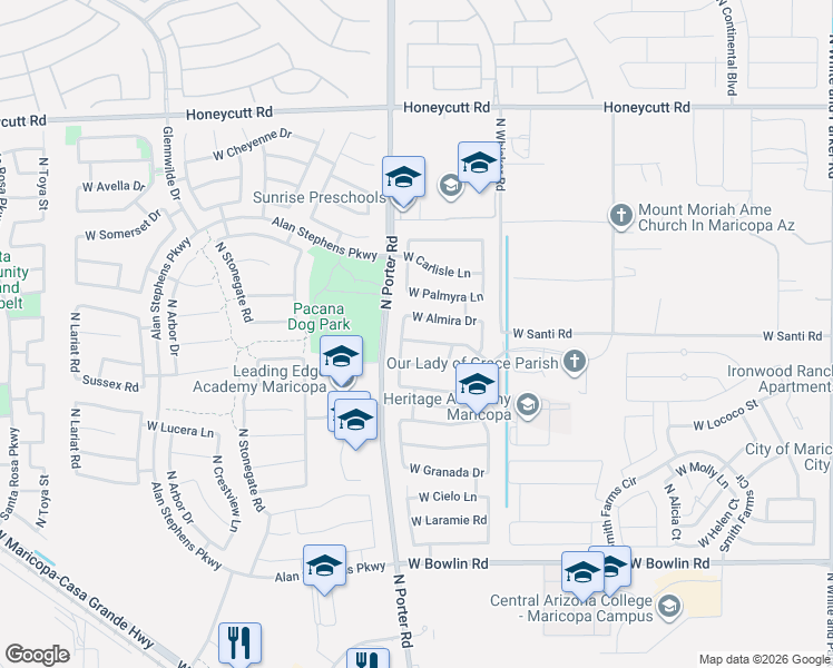 map of restaurants, bars, coffee shops, grocery stores, and more near 41404 West Centennial Drive in Maricopa