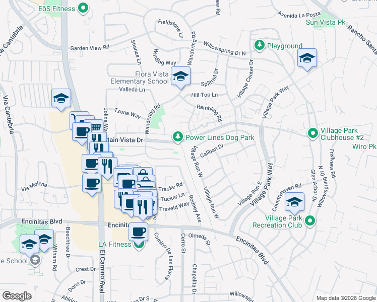 map of restaurants, bars, coffee shops, grocery stores, and more near 328 Village Run West in Encinitas