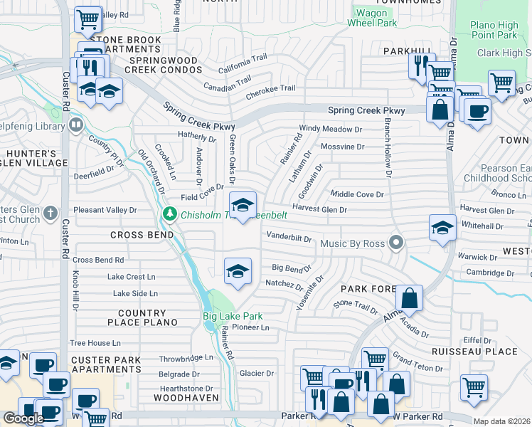 map of restaurants, bars, coffee shops, grocery stores, and more near 1447 Whitehall Drive in Plano