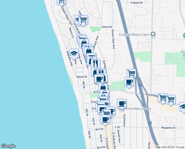 map of restaurants, bars, coffee shops, grocery stores, and more near 140 County Highway S21 in Encinitas