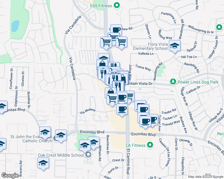 map of restaurants, bars, coffee shops, grocery stores, and more near 258 North El Camino Real in Encinitas