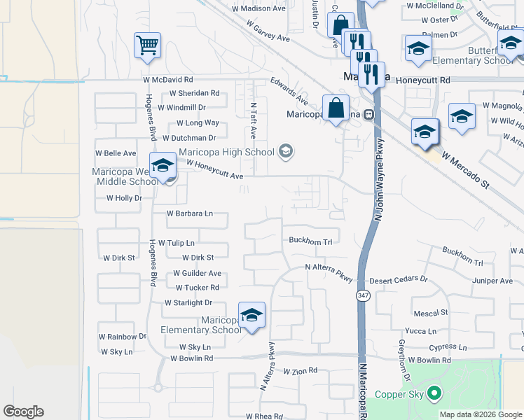 map of restaurants, bars, coffee shops, grocery stores, and more near 18870 North Marina Avenue in Maricopa