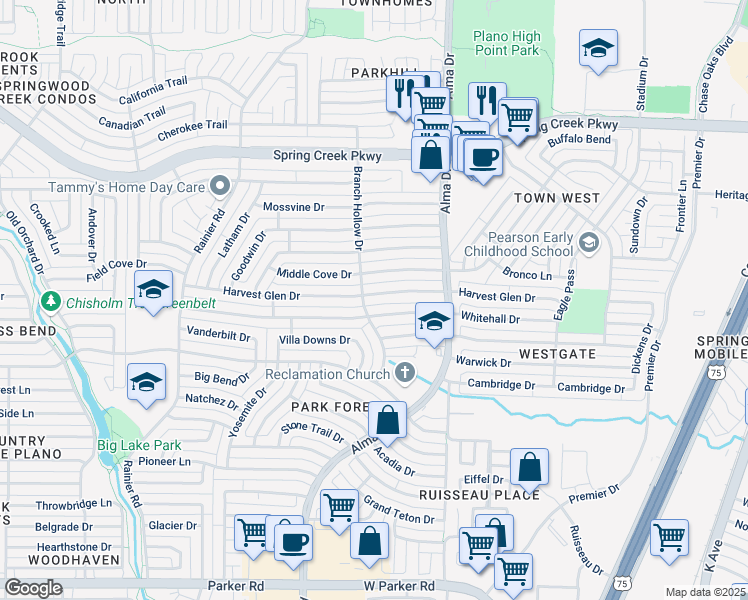 map of restaurants, bars, coffee shops, grocery stores, and more near 941 Whitehall Drive in Plano