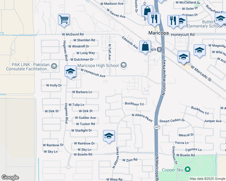 map of restaurants, bars, coffee shops, grocery stores, and more near 45308 Jack Rabbit Trail in Maricopa