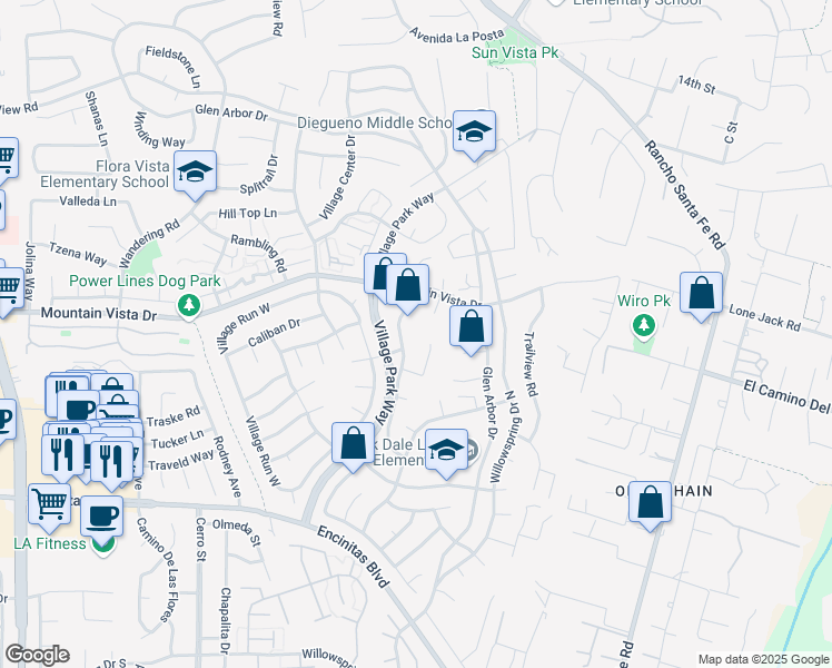 map of restaurants, bars, coffee shops, grocery stores, and more near 324 Countrywood Lane in Encinitas