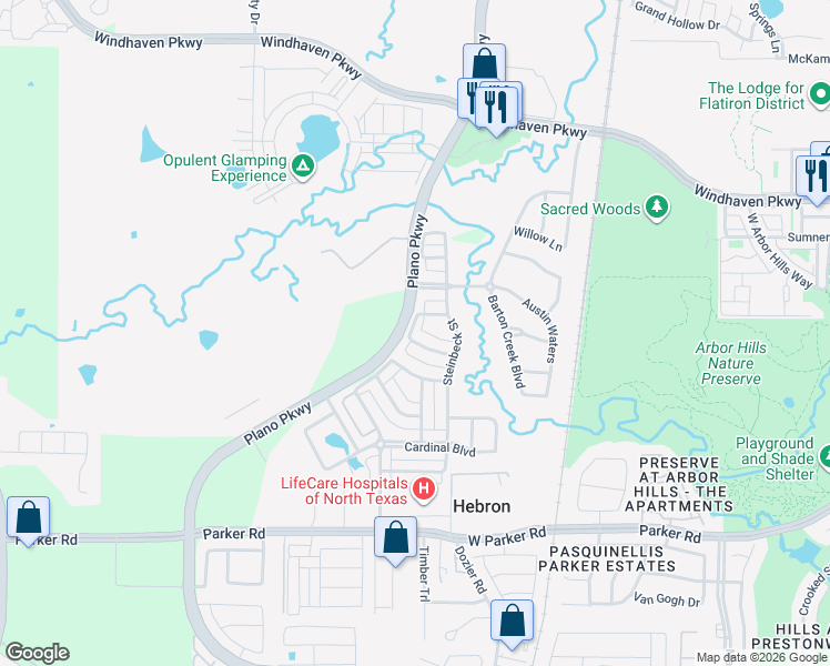 map of restaurants, bars, coffee shops, grocery stores, and more near 2200 Shakespeare Street in Carrollton