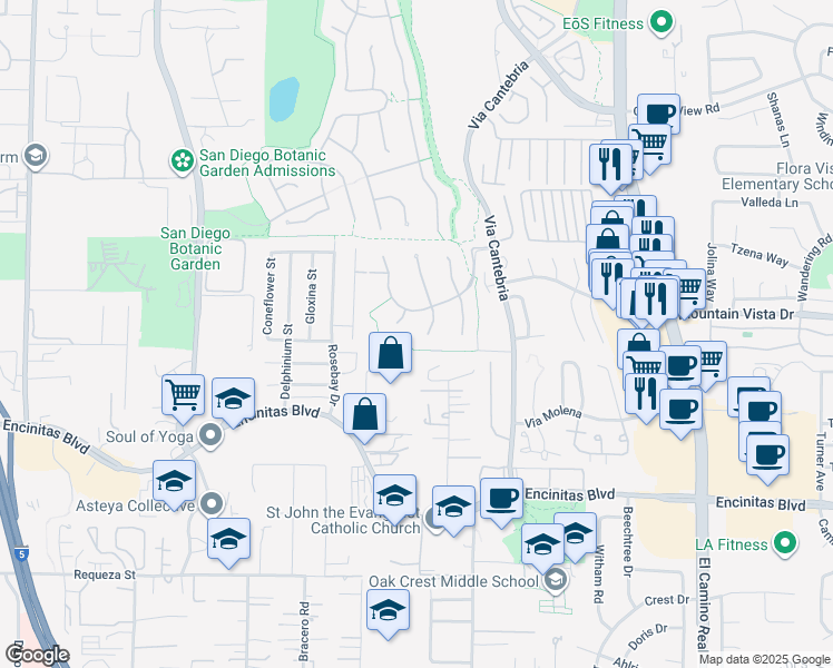 map of restaurants, bars, coffee shops, grocery stores, and more near 508 Hidden Ridge Court in Encinitas