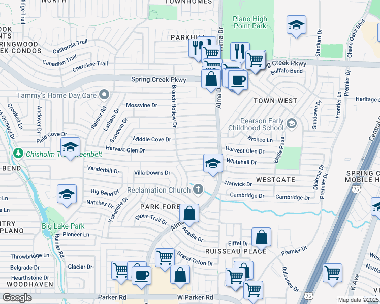 map of restaurants, bars, coffee shops, grocery stores, and more near 941 Whitehall Drive in Plano