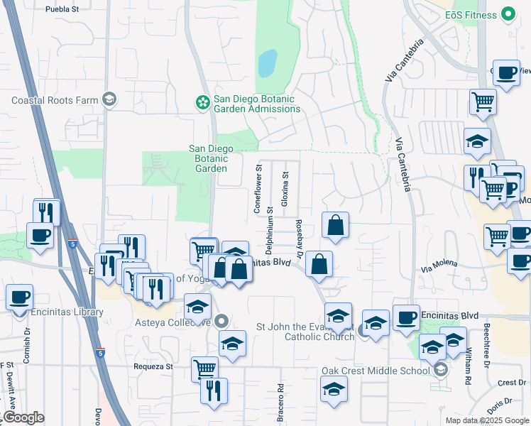map of restaurants, bars, coffee shops, grocery stores, and more near 709 Sunflower Street in Encinitas