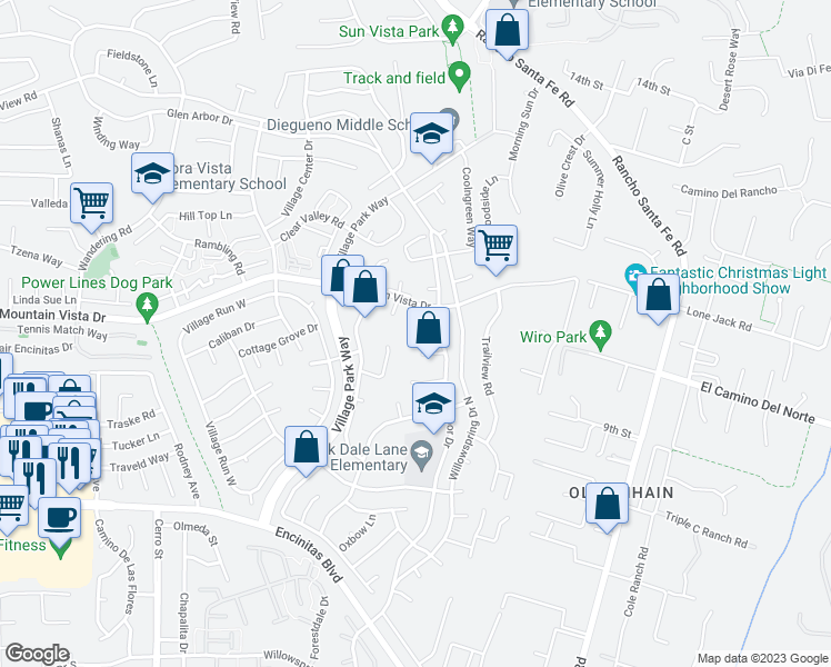 map of restaurants, bars, coffee shops, grocery stores, and more near 2033 Red Coach Lane in Encinitas