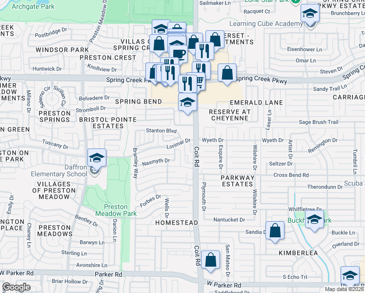 map of restaurants, bars, coffee shops, grocery stores, and more near 3921 Coit Road in Plano
