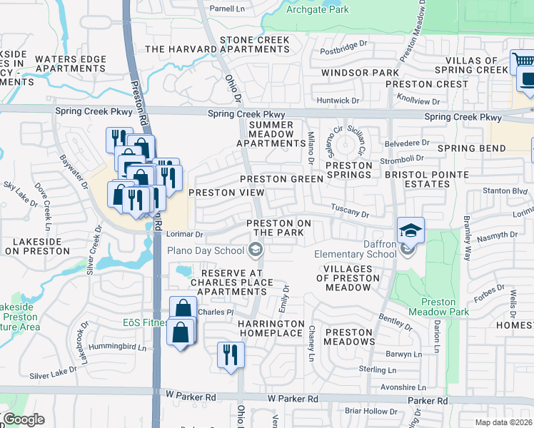 map of restaurants, bars, coffee shops, grocery stores, and more near 3933 Lorimar Drive in Plano