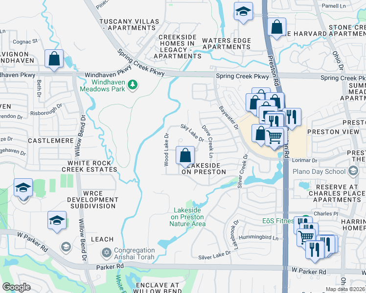 map of restaurants, bars, coffee shops, grocery stores, and more near 3917 Wishing Well Lane in Plano