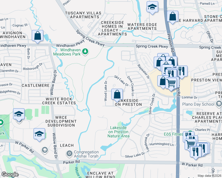 map of restaurants, bars, coffee shops, grocery stores, and more near 3917 Wishing Well Lane in Plano