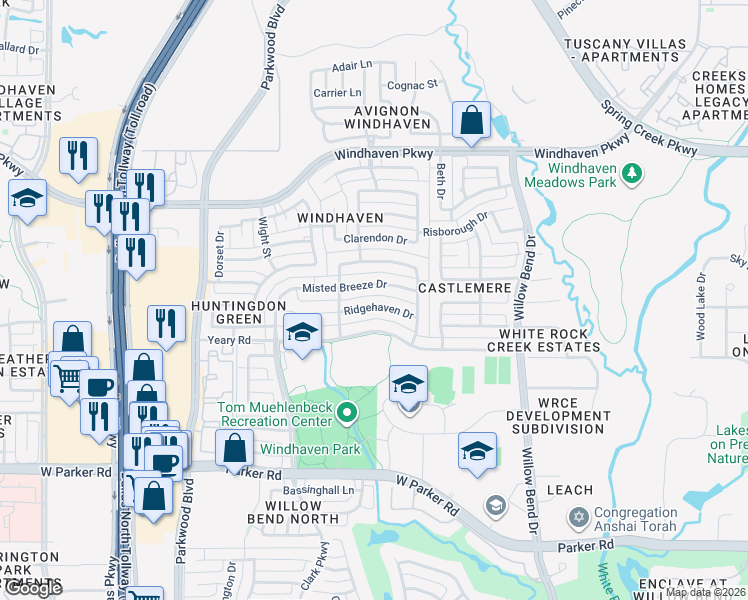 map of restaurants, bars, coffee shops, grocery stores, and more near 5728 Ridgehaven Drive in Plano