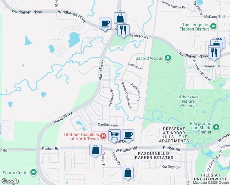 map of restaurants, bars, coffee shops, grocery stores, and more near 2328 Barton Creek Boulevard in The Colony
