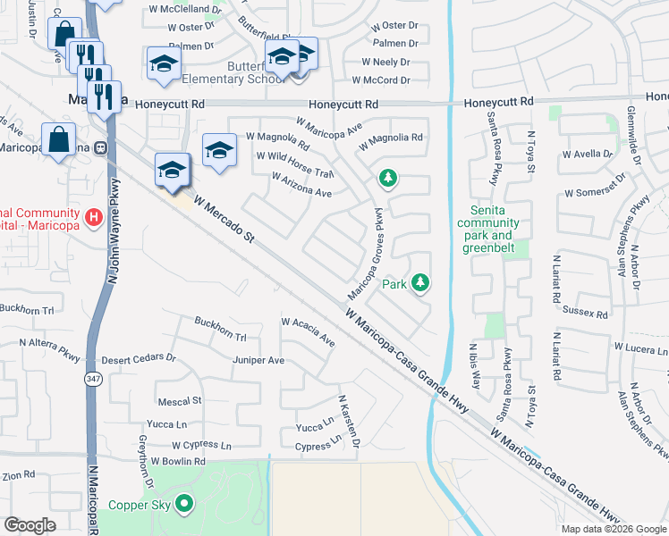 map of restaurants, bars, coffee shops, grocery stores, and more near 43604 West Cowpath Road in Maricopa