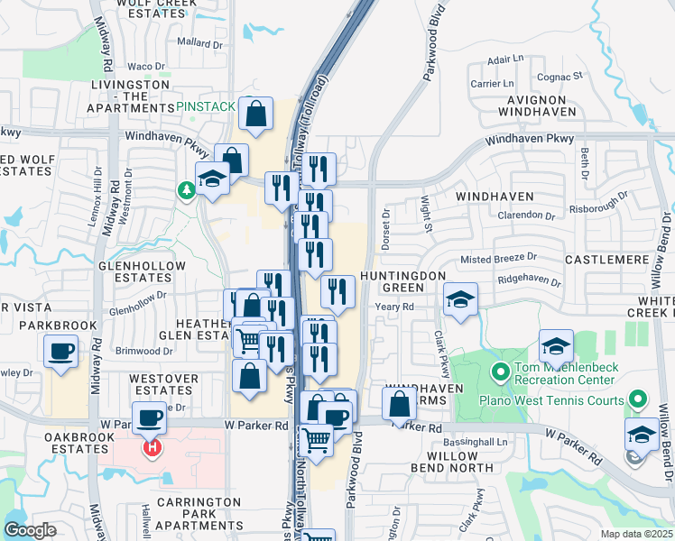 map of restaurants, bars, coffee shops, grocery stores, and more near 3900 Dallas Parkway in Plano