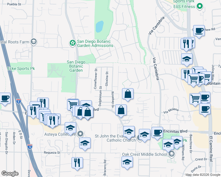 map of restaurants, bars, coffee shops, grocery stores, and more near 745 Sunflower Street in Encinitas