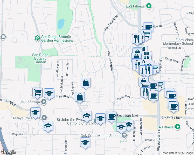 map of restaurants, bars, coffee shops, grocery stores, and more near 517 Hidden Ridge Court in Encinitas