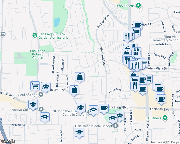 map of restaurants, bars, coffee shops, grocery stores, and more near 517 Hidden Ridge Court in Encinitas