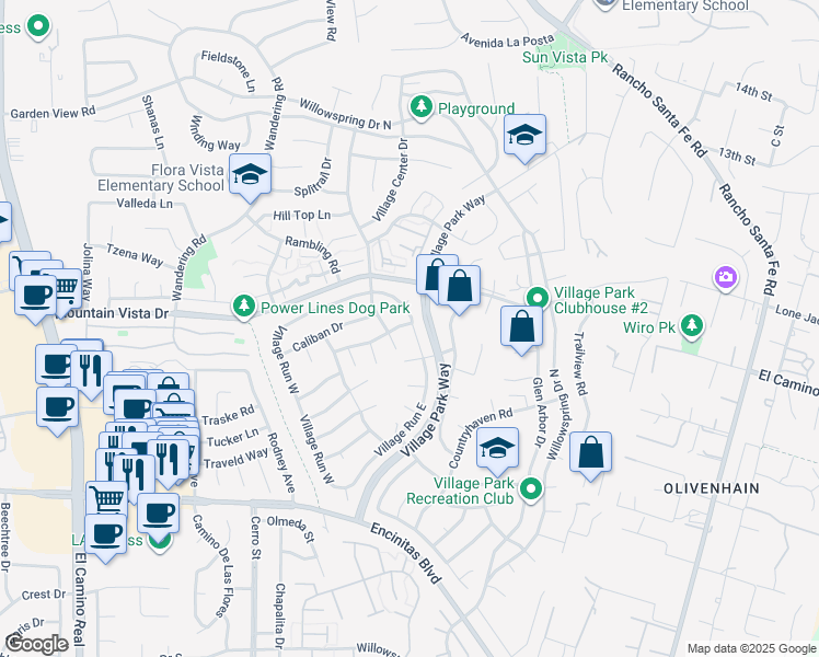 map of restaurants, bars, coffee shops, grocery stores, and more near 317 Village Run East in Encinitas