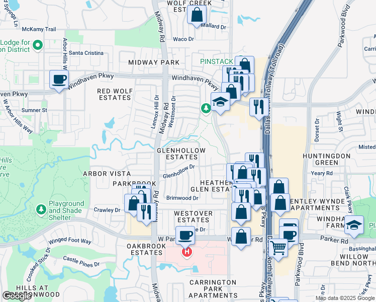 map of restaurants, bars, coffee shops, grocery stores, and more near 6313 Thornbranch Drive in Plano