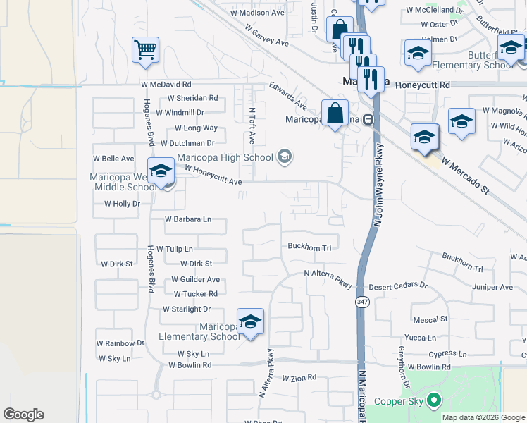map of restaurants, bars, coffee shops, grocery stores, and more near 20784 North Marina Avenue in Maricopa