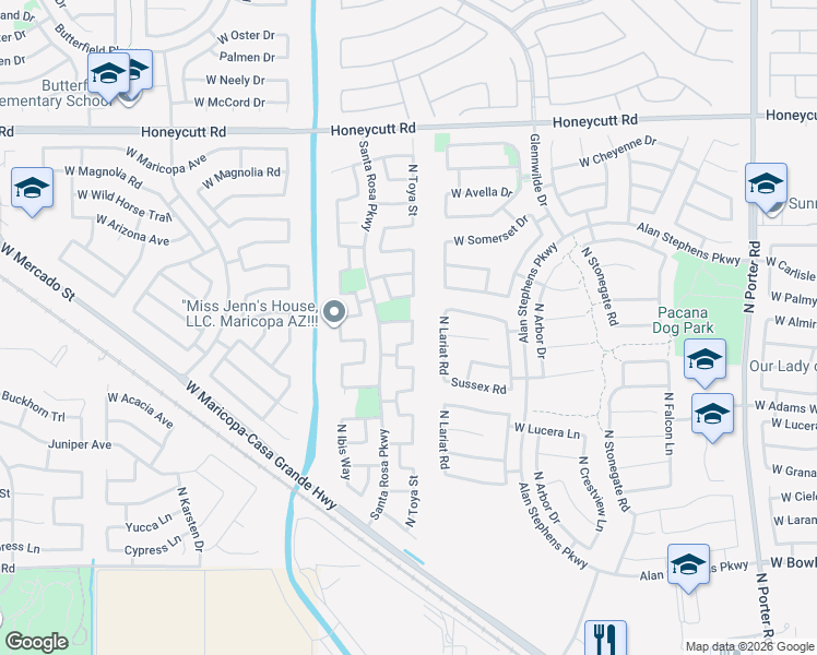 map of restaurants, bars, coffee shops, grocery stores, and more near 42761 West Jeremy Street in Maricopa