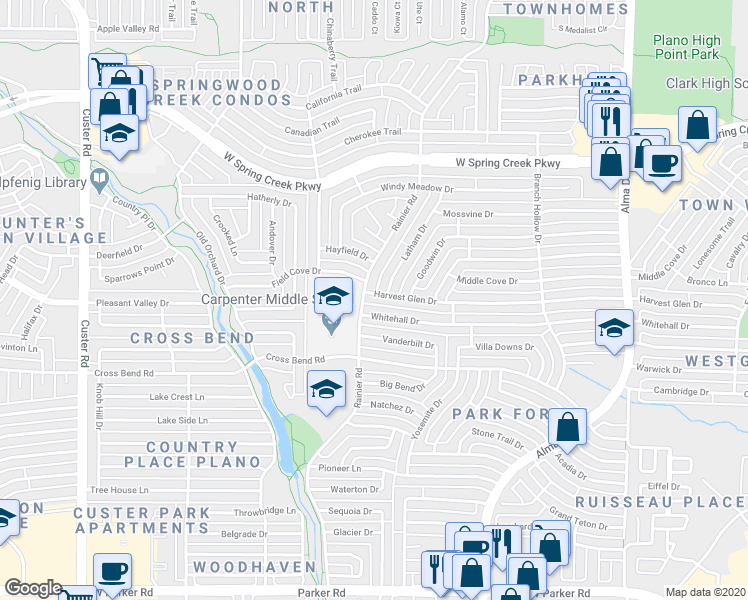 map of restaurants, bars, coffee shops, grocery stores, and more near 1444 Harvest Glen Drive in Plano