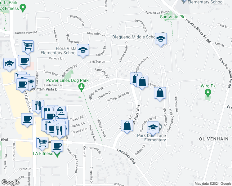map of restaurants, bars, coffee shops, grocery stores, and more near 1785 Caliban Drive in Encinitas