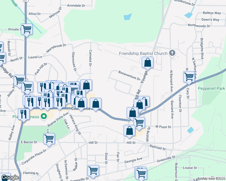 map of restaurants, bars, coffee shops, grocery stores, and more near 221 Rutland Circle in LaGrange