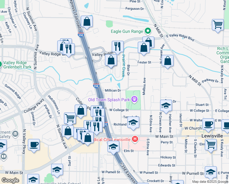 map of restaurants, bars, coffee shops, grocery stores, and more near 536 Harn Drive in Lewisville