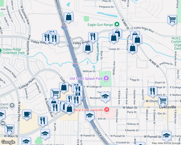 map of restaurants, bars, coffee shops, grocery stores, and more near 518 Harn Drive in Lewisville