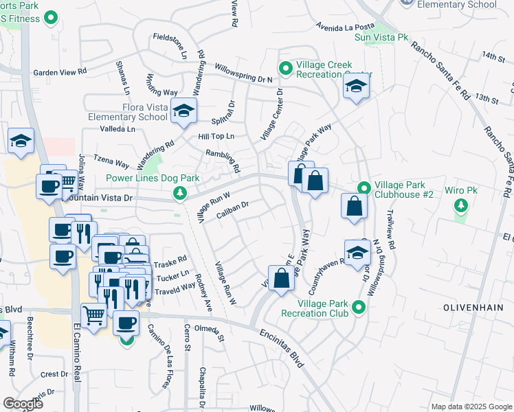 map of restaurants, bars, coffee shops, grocery stores, and more near 1785 Caliban Drive in Encinitas